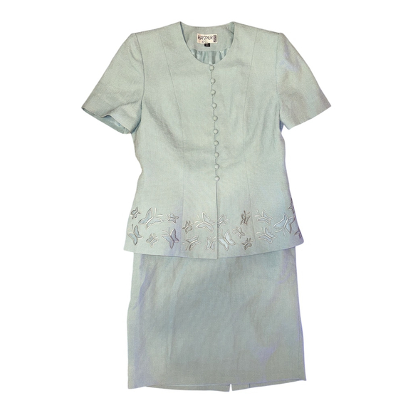 Kasper Two-Piece Suit Set, Mint Green, Butterfly Embroidered, Size 6 - Picture 1 of 4